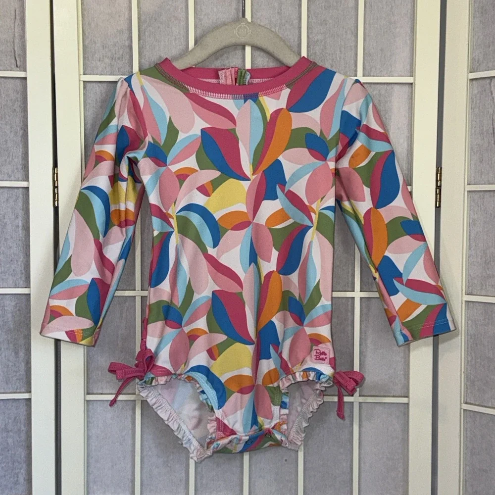 RuffleButts Girls 2T Long Sleeve One-Piece Swimsuit Pink Multicolor